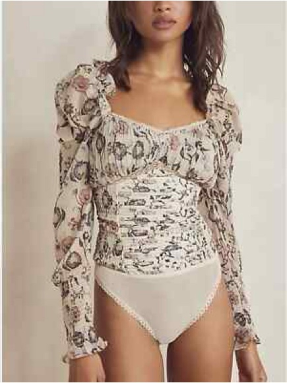Free People Cream Floral Square-Neck Ruched Long Sleeve Top